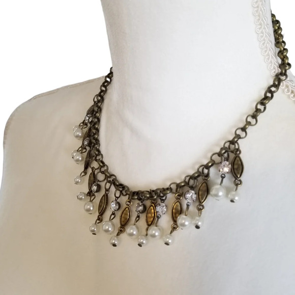 Brass, Pearl and Crystal Dangle Costume Jewelry - Picture 2 of 4